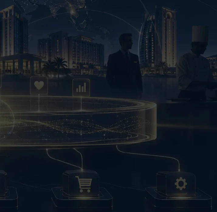 Illustration of hotel teams connected across a group